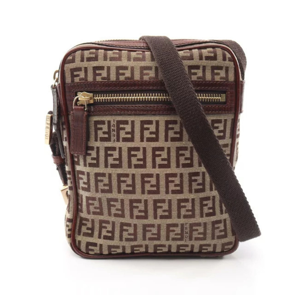 Fendi Zucchino Shoulder Bag Canvas Leather Brown Beige Cream